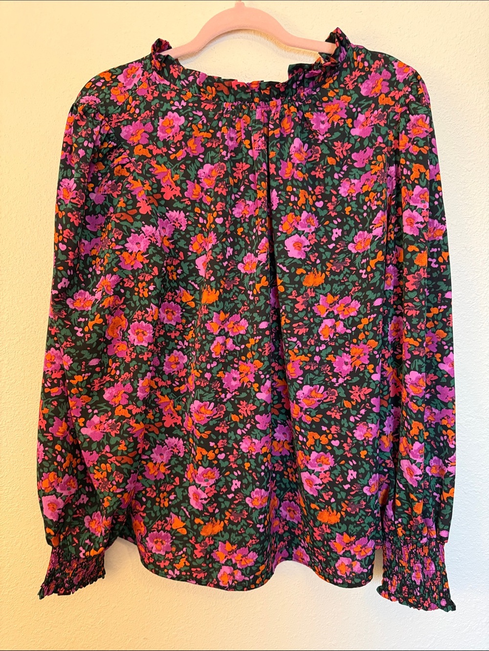JODIFL Black Floral Ruffle-Neck Top with Pink, Orange & Green Print
